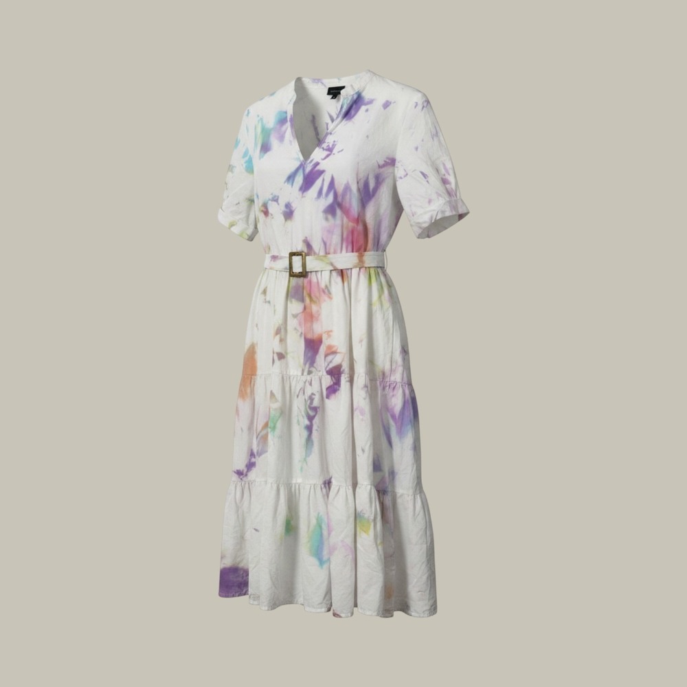 Abstract Watercolor Midi Dress Belted Tiered Artsy Cottagecore Boho White Large